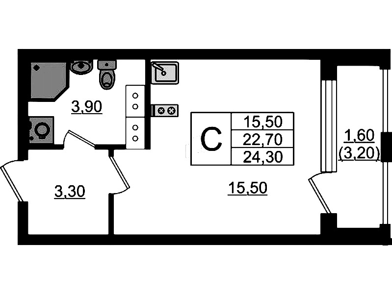 Квартира студия 24.3 м², 13/13 эт., ЖК «Тайм Сквер»